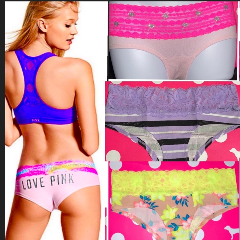 3 Victoria’s Secret Pink Panties bundle pink lace hipster neon floral panties
